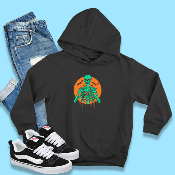 Skeleton I Love Halloween Pumpkin Heart Hoodie