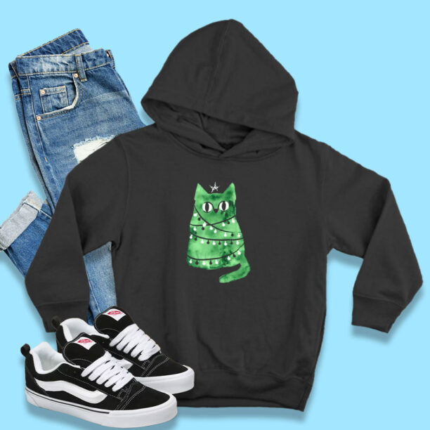 Watercolor Green Christmas Cat Hoodie